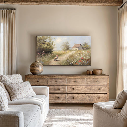 Bunny & Cottage Path Frame TV Art
