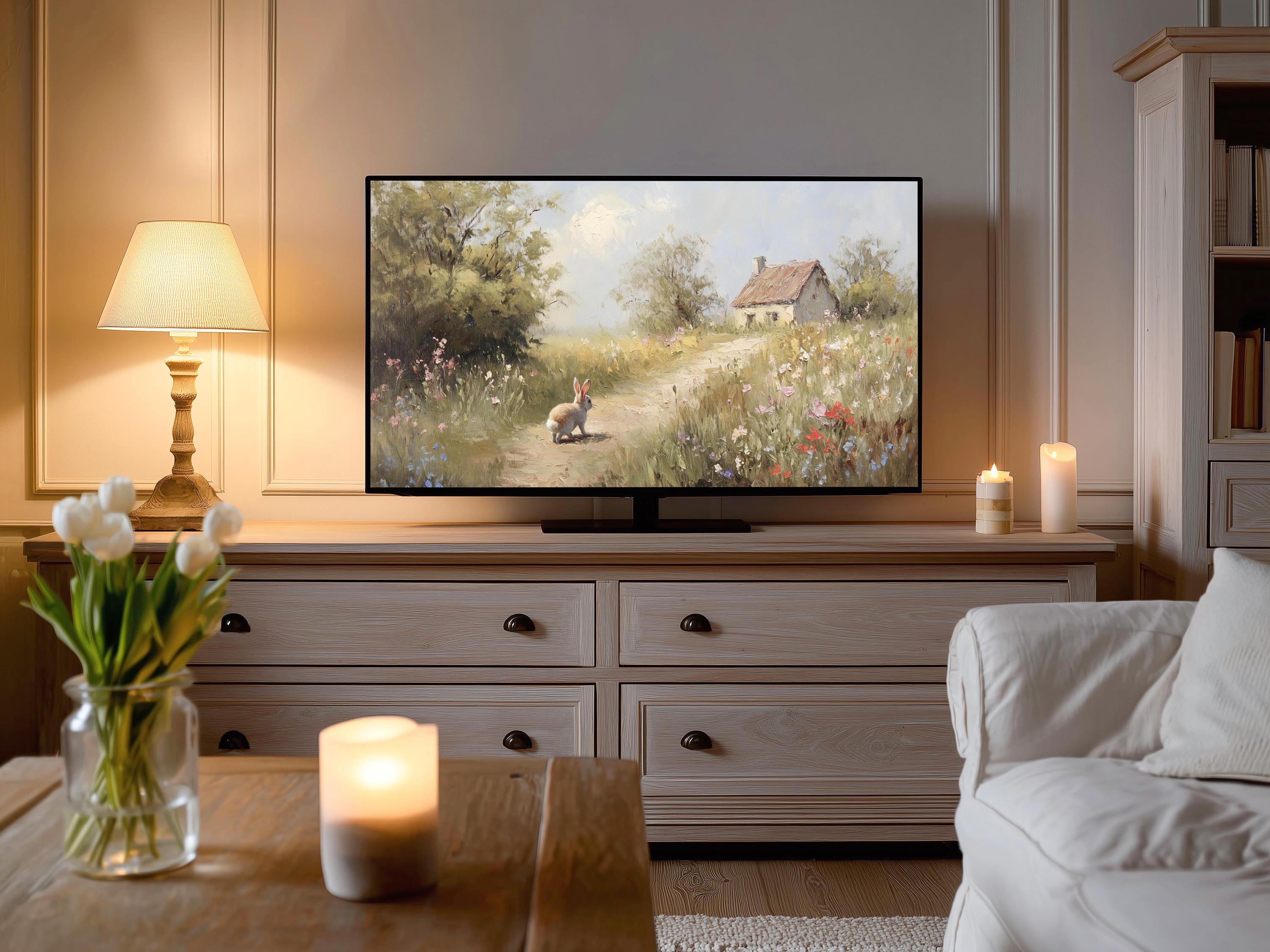 Bunny & Cottage Path Frame TV Art