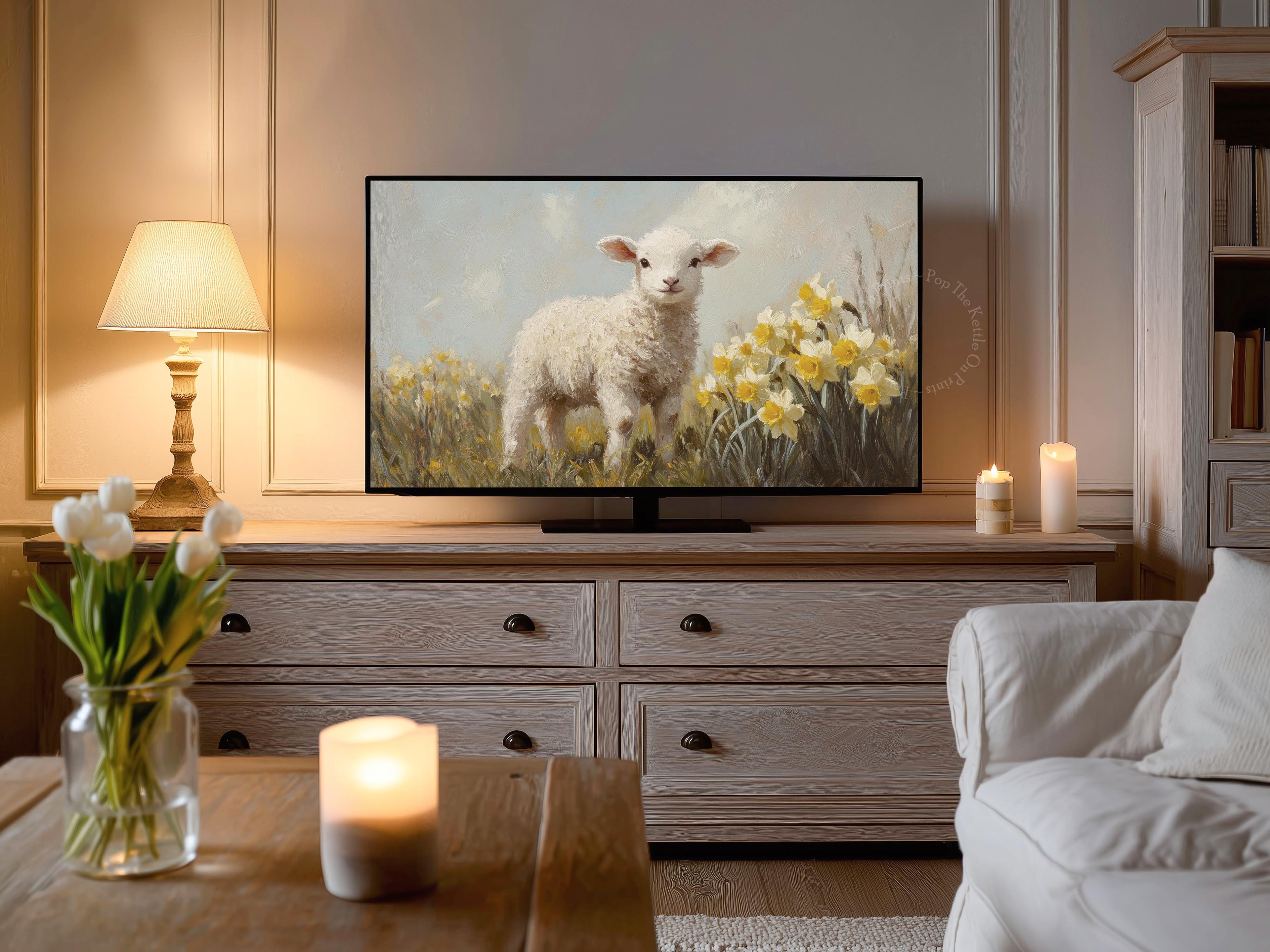 Lamb & Daffodils Frame TV Art