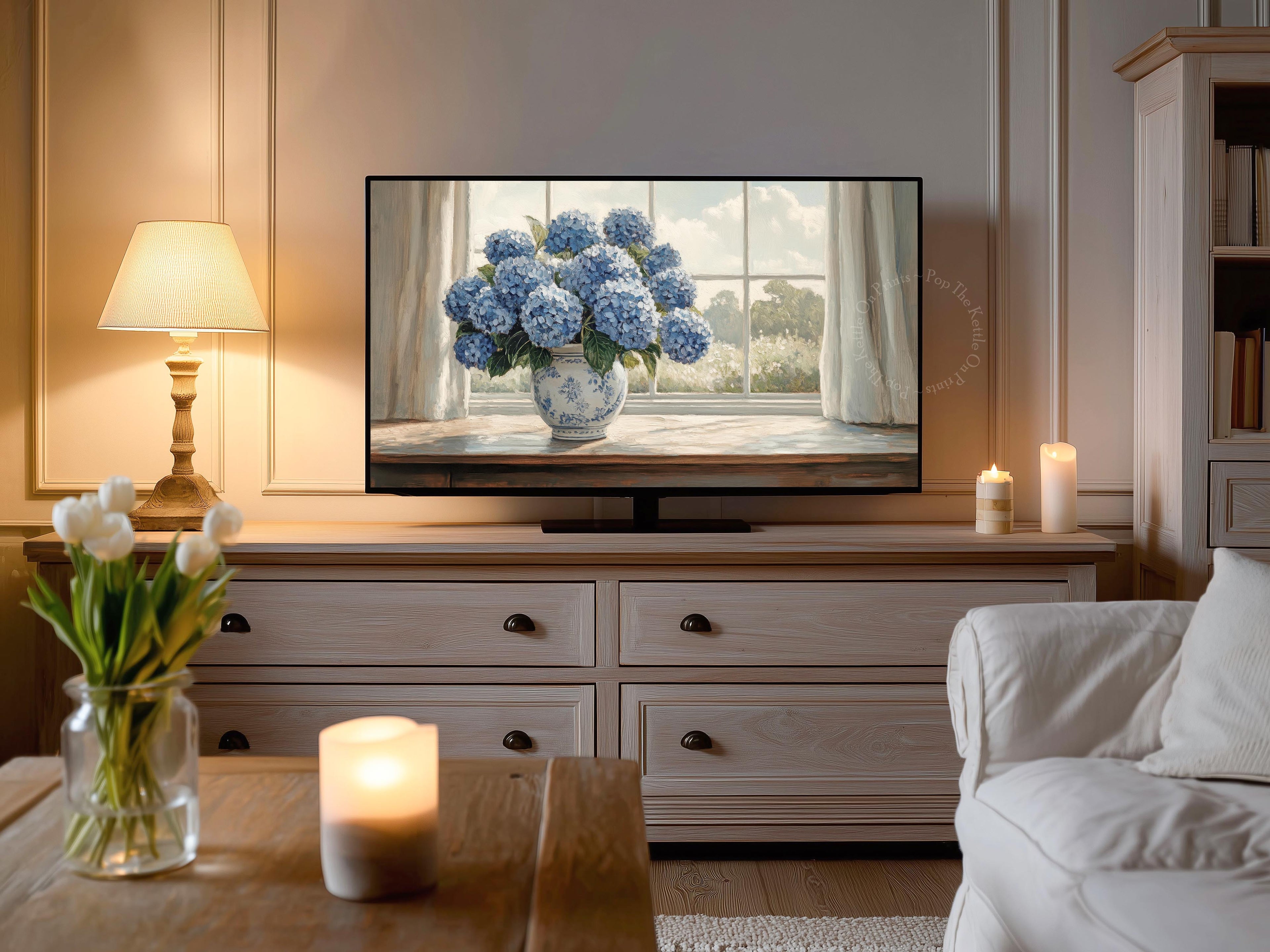 Blue Hydrangeas In Window Frame TV Art